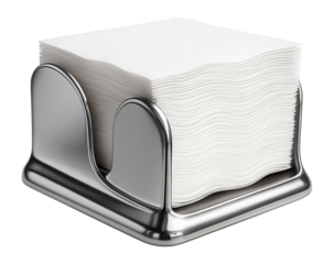 Shiny metal napkin holder with white paper napkins.