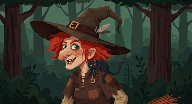 Cartoon Witch with Cat in Dark Forest Illustration