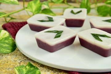 
Indonesian traditional cake Kue Talam Ubi Ungu served on a plate. It is made of a rice flour, coconut milk and other ingredients, garnish with pandan leaves. Indonesian dessert