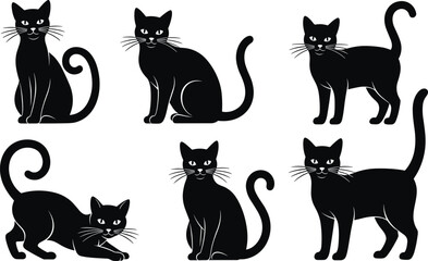 Elegant black cat silhouettes in multiple poses, sitting walking stretching playing, vector art for Halloween, pets, animal lovers, creative design projects