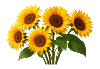 Five bright yellow sunflowers with green stems and leaves arranged in a row.