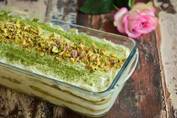 Homemade matcha pistachio tiramisu 