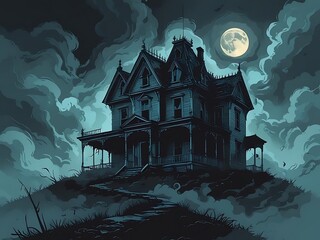 Eerie victorian mansion on a hill under a full moon