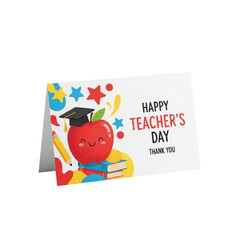 Happy teachers day card with smiling apple and books isolated on transparent background