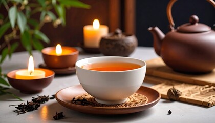 Aromatic tea with candles and plants