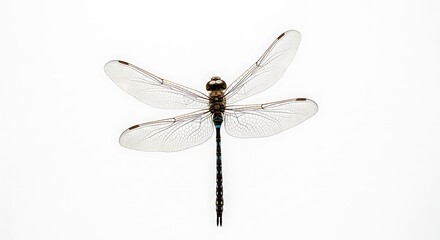 Detailed Dragonfly Close-Up on White Background Showcasing Intricate Wing Veins and Segmented Body