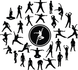 Diverse human silhouettes in dynamic dance, yoga, martial arts, and exercise poses arranged in circular composition for fitness, wellness, and movement illustration design