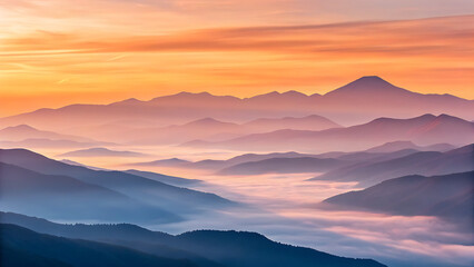 Obraz premium Morning sun breaking through the clouds over a misty mountain landscape