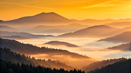 Obraz premium Golden sunbeams break through the morning mist, illuminating the mountain landscape with a fiery glow above the winter forest