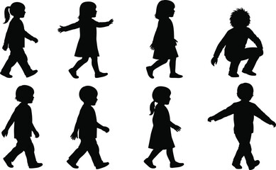 Children silhouettes vector set of kids walking, running, standing, playing and crouching, black editable clipart for education and design projects