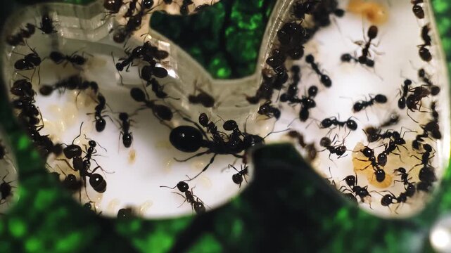 Ant queen close-up. Colony of black reapers messor structor ants in a acrylic Formicarium tunnels top view. Observation of the animals behavior and lifestyle. The ant farm. High Quality 4K footage.