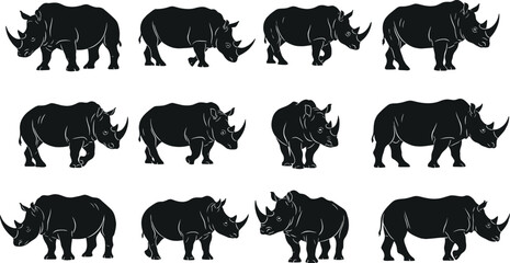 Black rhinoceros silhouettes in multiple standing, walking, and grazing poses, detailed African wildlife animal vector set for nature conservation design projects
