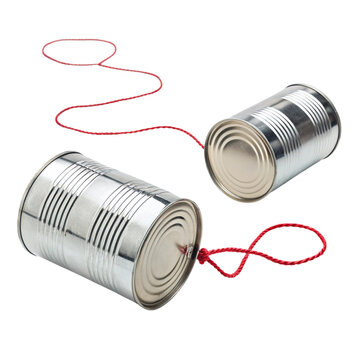 Two tin cans connected by a red string forming a classic homemade telephone isolated on transparent background