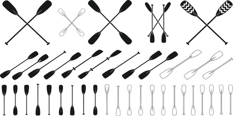 Black and white vector collection of paddles and oars for canoe, kayak, rowing, water sports, boating, and outdoor adventure design