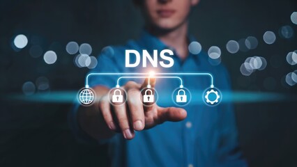 Man's finger touches glowing DNS interface with security and global network icons on dark background