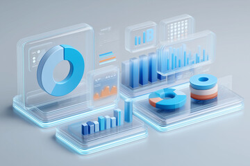 Holographic business dashboard displaying pie chart and bar graph with futuristic blue and orange data visualization