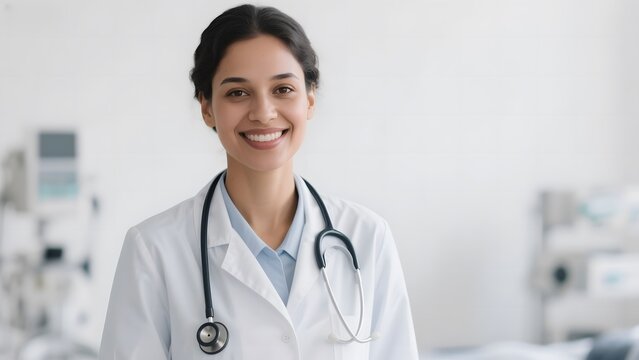 A smiling healthcare professional wearing a white lab coat and stethoscope in a medical setting.