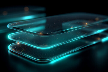 Futuristic glowing layered transparent interface with blue neon light and digital particles creating sleek technology design