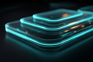 Futuristic holographic fintech dashboard with glowing blue transparent layers stacked in sleek digital interface design