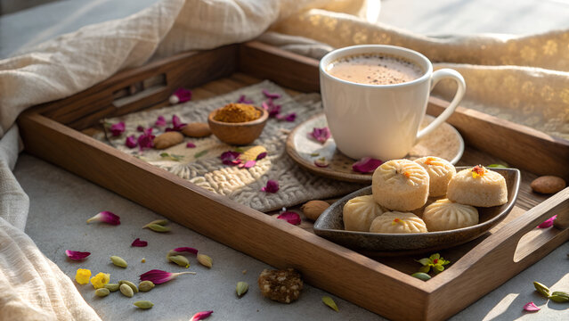 Breakfast tray with hot coffee, Indian sweets, rose petals and glowing diya lamp arranged for Diwali festival celebration perfect for holiday lifestyle visuals and festive food scenes