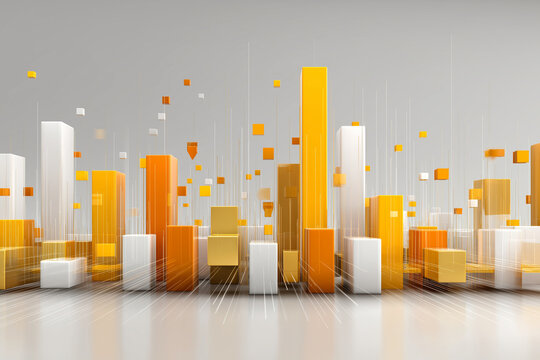 3D abstract bar graph with floating cubes in amber and white colors showing data analytics in modern digital style