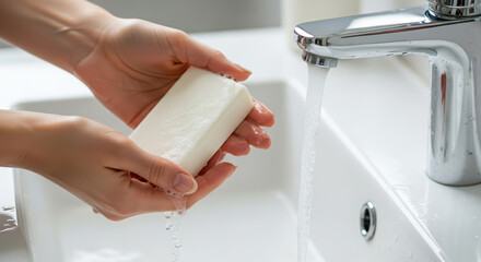 Hands of a person holding a bar of soap under running water from a modern faucet, demonstrating hygiene practices in a bright and clean bathroom environment