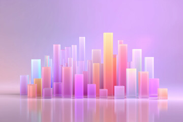 Colorful translucent bar graph with pastel gradient and soft reflection on smooth surface, modern data visualization design