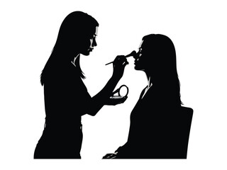 The Art of Beauty: Captivating silhouette of a makeup artist at work, applying makeup to a client, revealing the artful interplay of light and shadow.