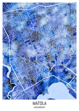 Matola Mozambique City Map, landmarks travel painting, print downtown cities, city panorama watercolor view abstract art, famous new design, trending modern destination