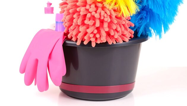 Cleaning supplies in a dark gray bucket