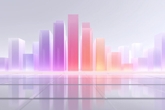 Colorful translucent bar graph with pastel purple pink and orange tones reflecting on shiny surface, modern data visualization