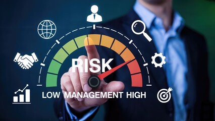 Confident businessman analyzes high risk with management dashboard and success icons