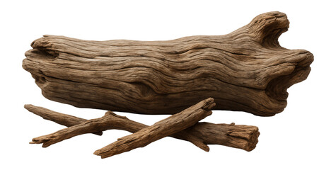 Weathered driftwood log and rustic broken tree branches.