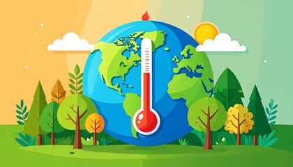Earth with thermometer, surrounded by trees and sun