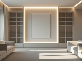 Modern living room with built in shelving and recessed lighting