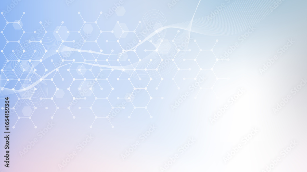 Sticker modern scientific background with hexagons, lines and dots. wave flow abstract background. molecular