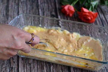 making of banana peanut butter cake