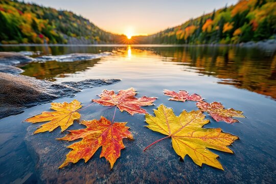 Autumn leaves float on a serene lake during a colorful sunset