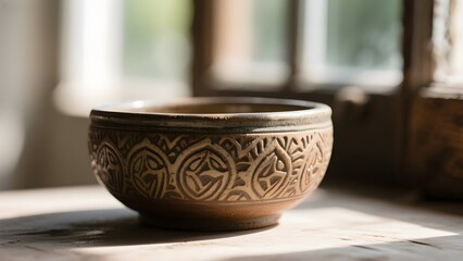 Handcrafted Ceramic Bowl with Intricate Patterns Illuminated by Natural Light