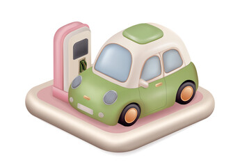 A modern 3D-style illustration featuring an electric car and a charging station, designed in soft green and pastel pink tones. The artwork conveys an eco-friendly and futuristic atmosphere, combining 