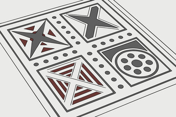Illustration of a square tile with four distinct geometric patterns and connecting dotted lines