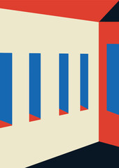 cover design set retro with abstract interior space. blue and red shapes.