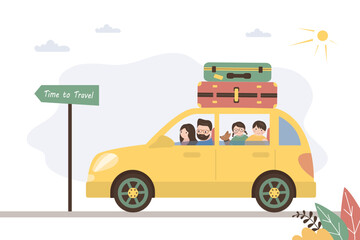 Naklejka premium Happy family starting travelling in car on highway. Auto with suitcases on road. Summer traveling by automobile. Parents and two children on vacation or holidays