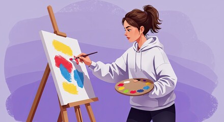 Young Woman Painting Colorful Abstract Art on Canvas with Brush and Palette
