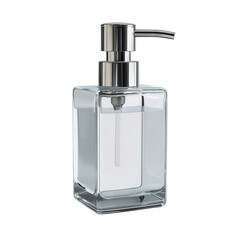 Obraz premium Modern clear glass soap dispenser with shiny chrome pump on a black background