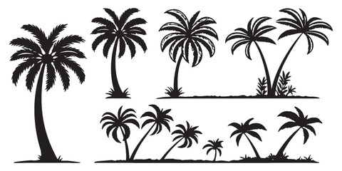Fototapeta premium Black silhouette palm trees set, perfect for tropical vacation, travel, and summer branding designs