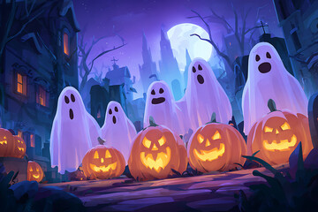 Enchanted Halloween Night with Ghosts and Carved Pumpkins in a Spooky Graveyard