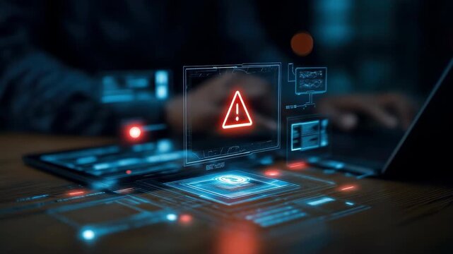 A cybersecurity warning alert futuristic technology, computer digital security, hacker data protection, glowing red triangle, online threat notification, encryption, modern interface, risk and saf