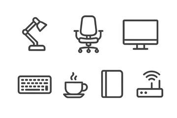 Modern office and technology icons: desk lamp, computer, keyboard, chair, coffee, notebook, router