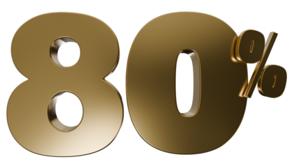 Golden 80 Percent Number Icon, 3D Metallic Eighty Percent Sign, Discount Offer Symbol, Shiny Glossy Percentage Illustration, Transparent PNG Isolated Design